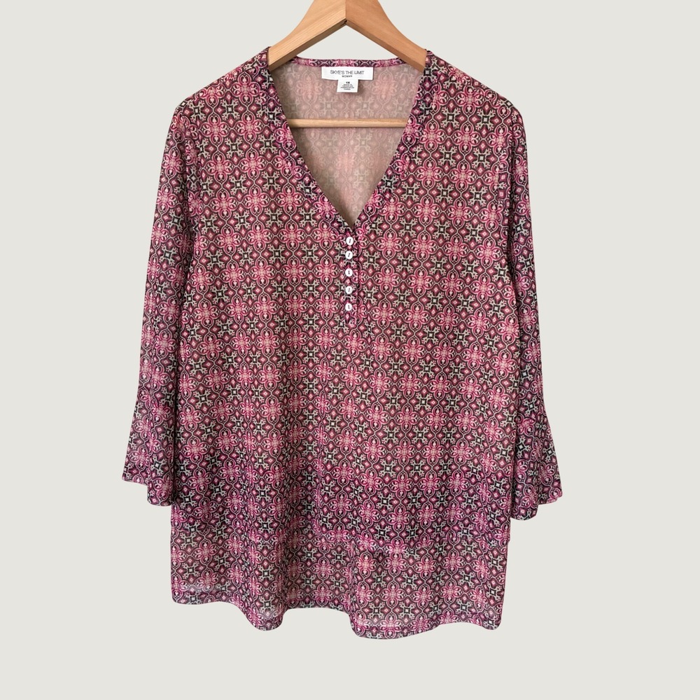 Skye's The Limit Pink Geometric Mesh Tunic Top V-Neck Bell Sleeve Plus 1X Retro